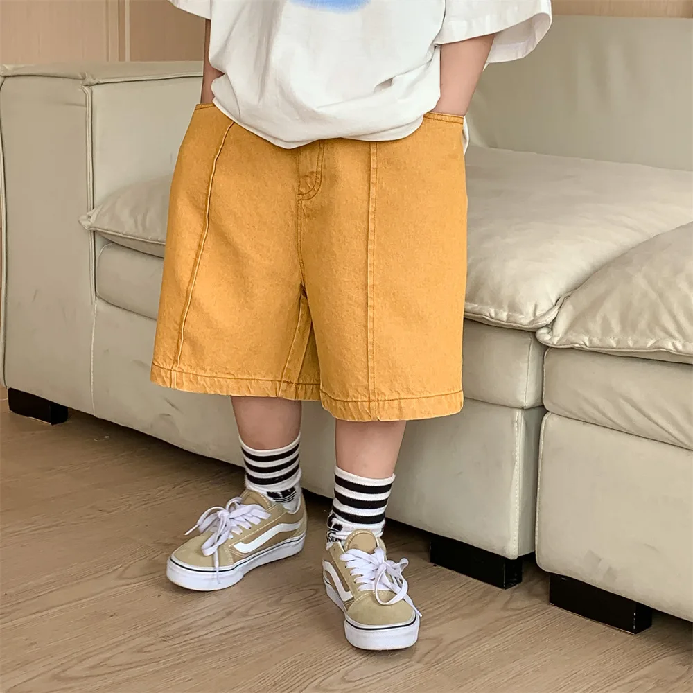 

2023 Summer Kids solid color knee length pants Boys fashion cotton loose straight shorts