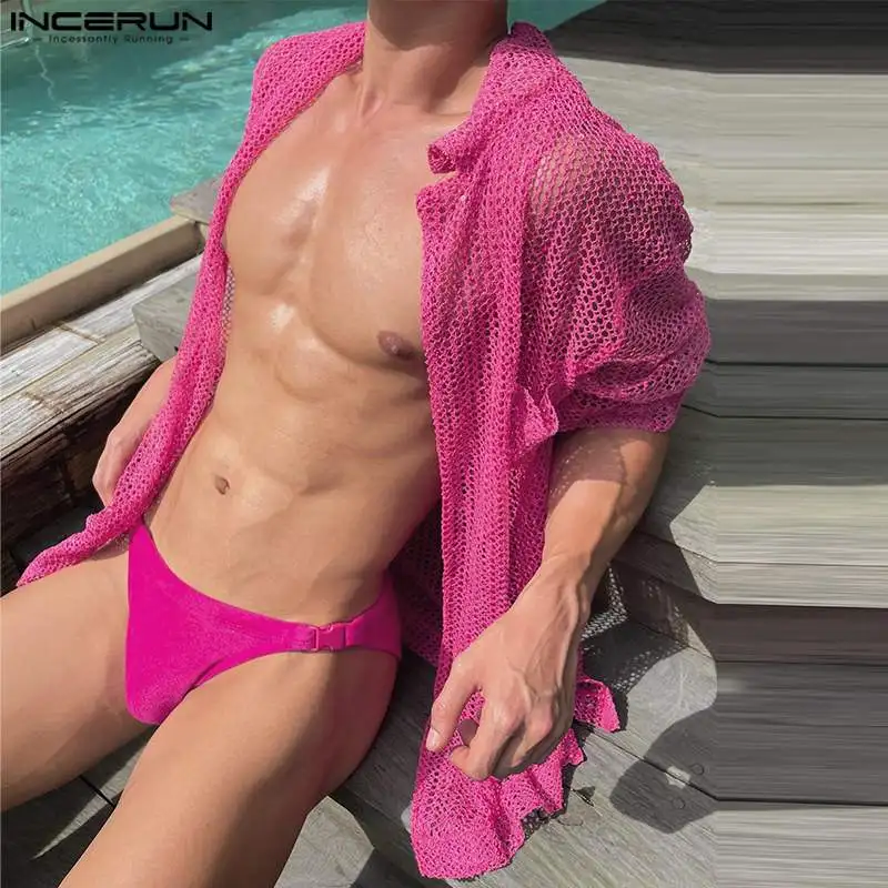 

American Style Men's Sexy See-through Mesh Shirts Casual Vacation Hot Sale Short Sleeved Cardigan Blouse S-5XL INCERUN Tops 2023