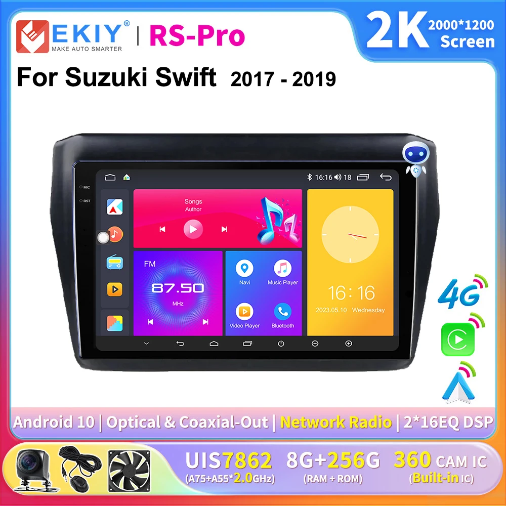 EKIY 2K Screen Android Auto Carplay Stereo For Suzuki Swift 2017 - 2019 4G Wifi 2 Din DVD Tape Record Navigation GPS Multimedia