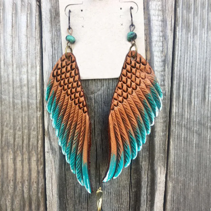 

KYTRD Exaggerated Beautiful Leather Wing Earrings Vintage Two Tone Metal Carving Pattern Hang Drop Earrings Vintage Jewelry
