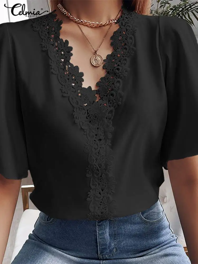 

Celmia Women Office Blusas Elegant V-neck Ruffled Short Sleeve 2022 Summer Blouses Fashion Solid White Lace Tunic Tops Shirts