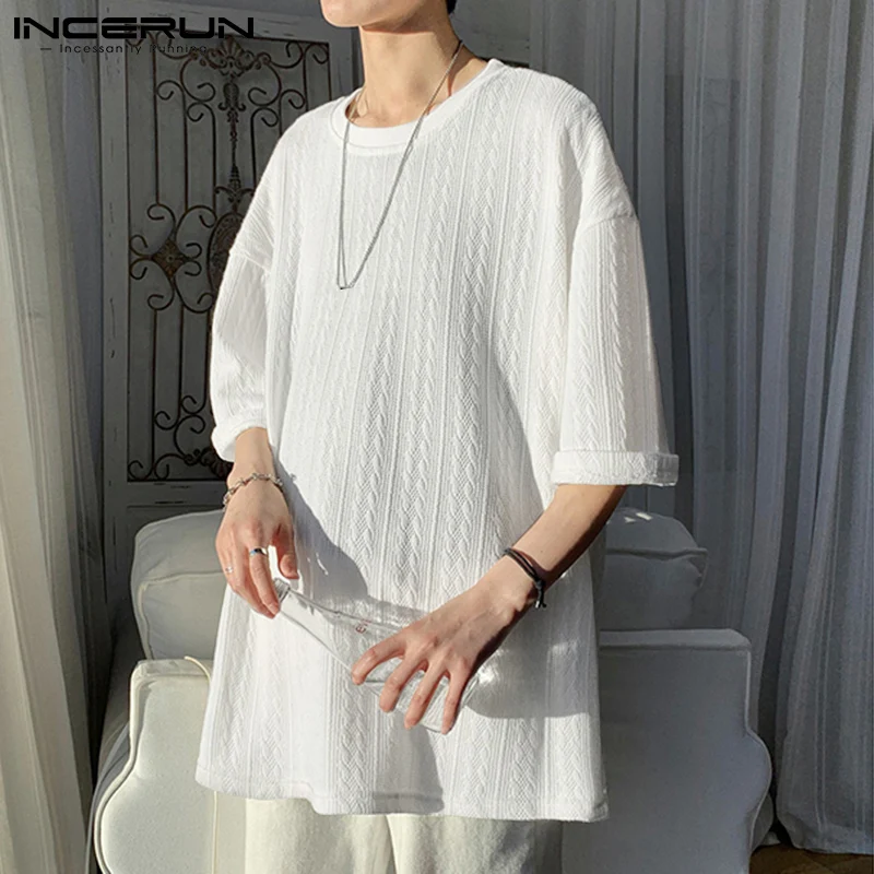 

Футболка INCERUN мужская с круглым вырезом и коротким рукавом, однотонная уличная одежда в Корейском стиле, Повседневная Свободная рубашка для...