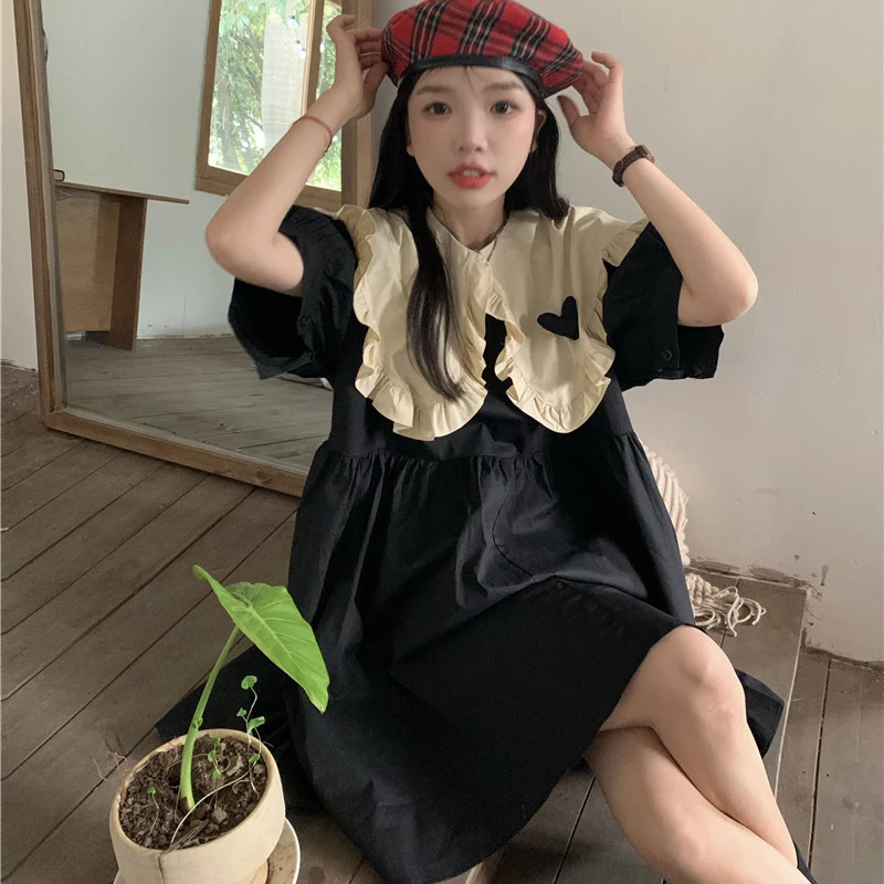 

Kawaii Dress Women Korean Fashion Peter Pan Collar Casual Loose Elegant Cute Girls Summer Dresses Female Harajuku Vintage 2022