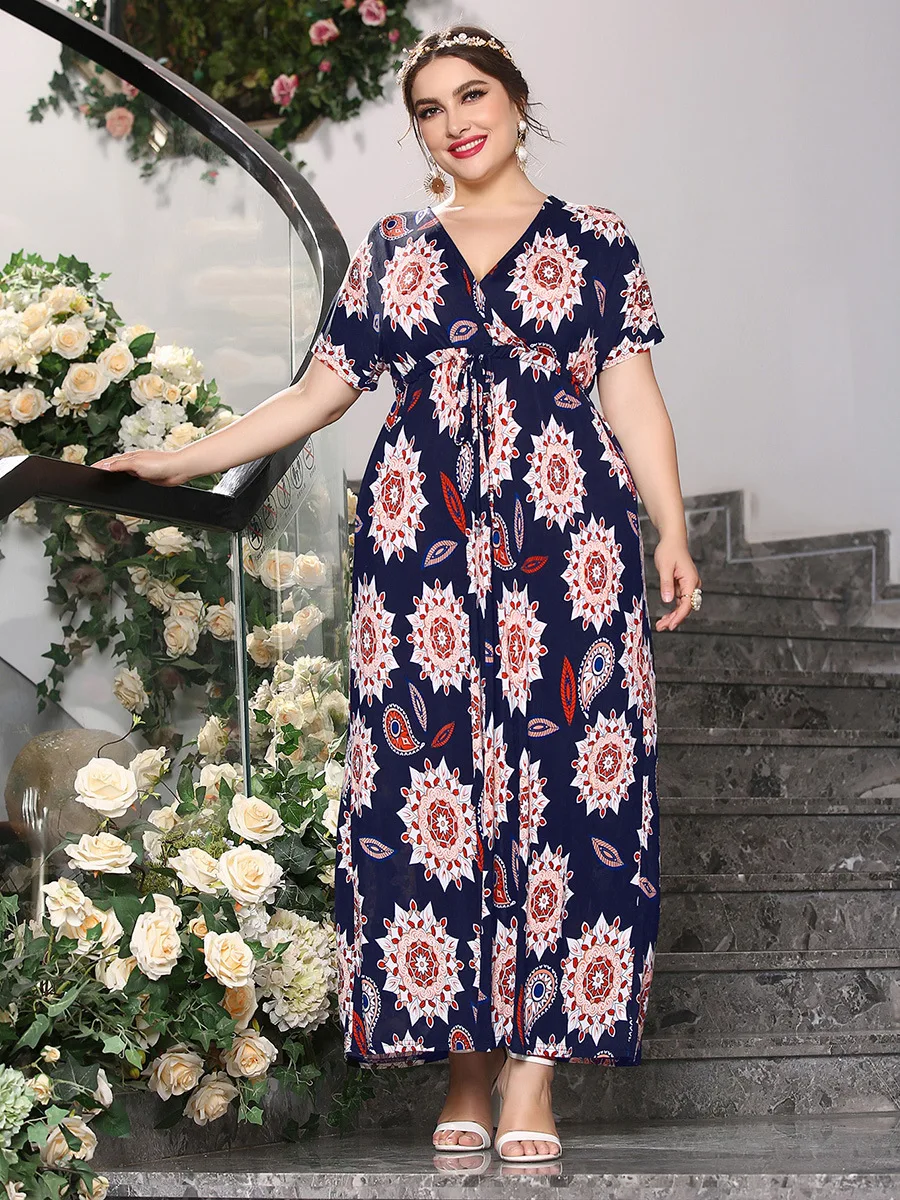 

Plus Size Curvy Dress Women Spring Autumn V Neck Short Sleeve Geometric Print Retro Vintage Dress High Waist Maxi Long Dresses