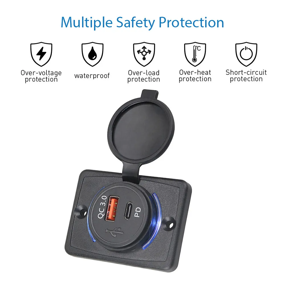 

12 В/24 В Автомобильная фоторозетка с USB-портами QC3.0 + 18 Вт PD, автомобильный адаптер, панель розетки питания для RV, морской катер, розетка питания...