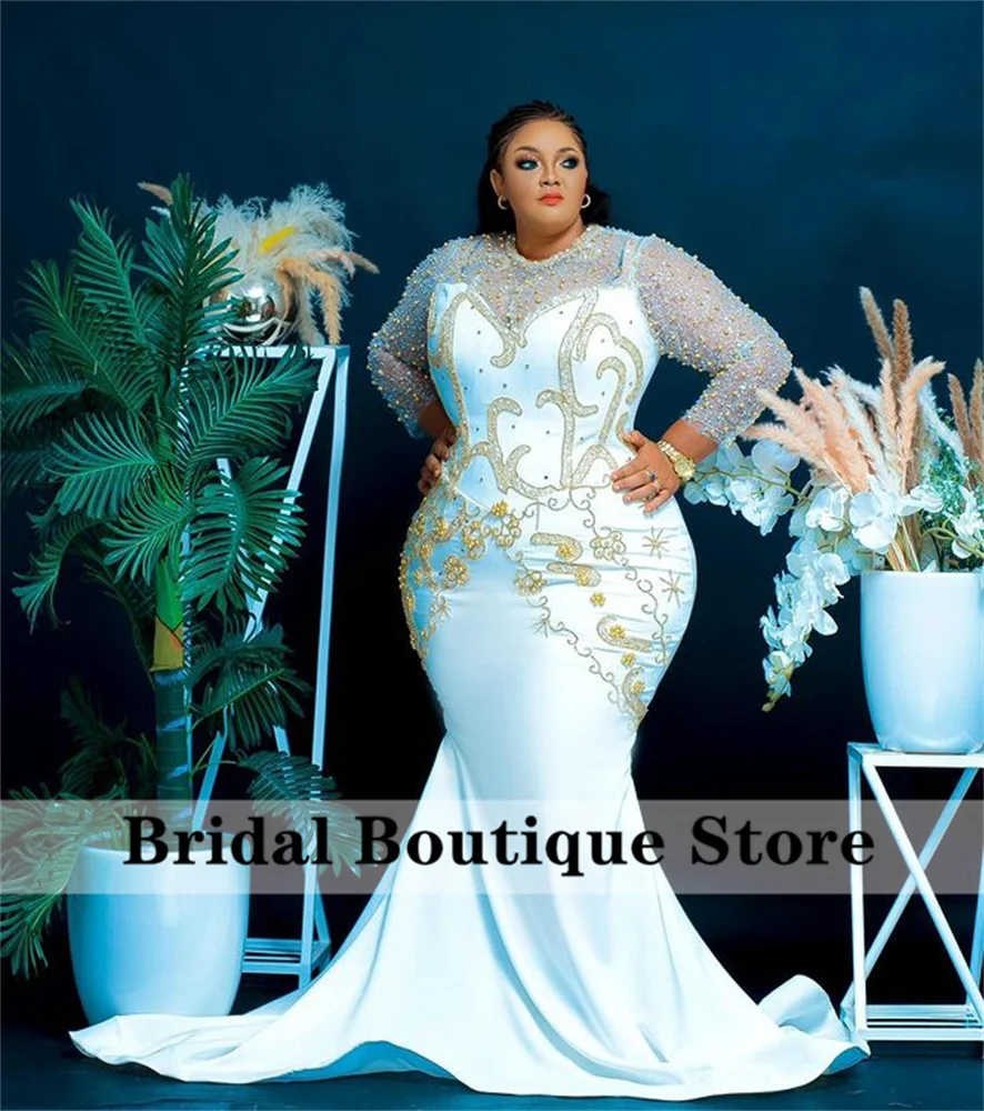 

Plus Size African Mermaid Evening Dress Long Sleeves O Neck Pearls Beads Party Gowns Formal Robe Soiree Femme Longue