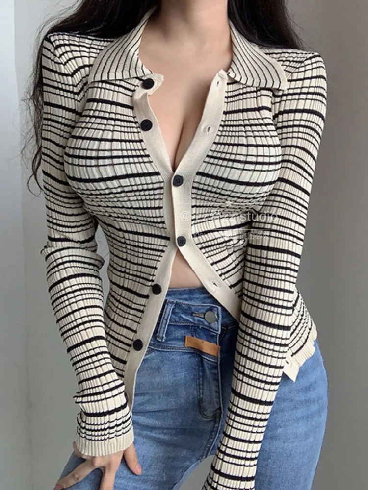 

New Casual Lapel Elegant Stripe V Neck Long Sleeve Knitted Sweater Cardigan Vintage Hot Sexy Korean Women Tops C330