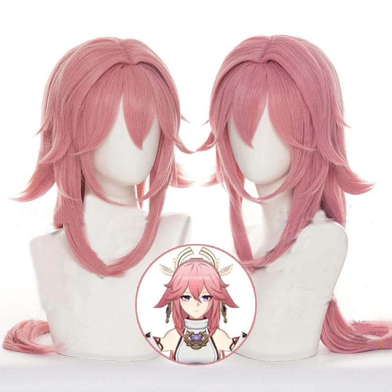 

Genshin Impact Yae Guuji Cosplay Anime Game Pink Micro-curly Long Hair 80CM Wig Synthetic Hair Halloween Party Wigs +Wig Cap