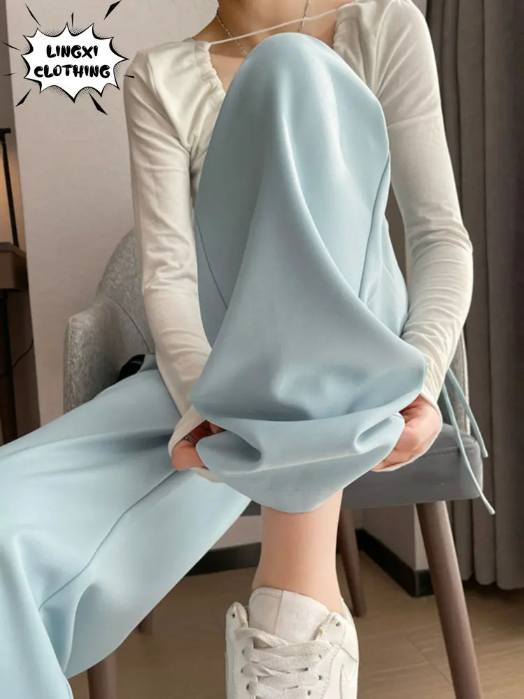 Light Blue Drawstring Narrow Wide Leg Straight Suit Trousers High Waist Drape Summer Professional Women Sweatpants Korean Style