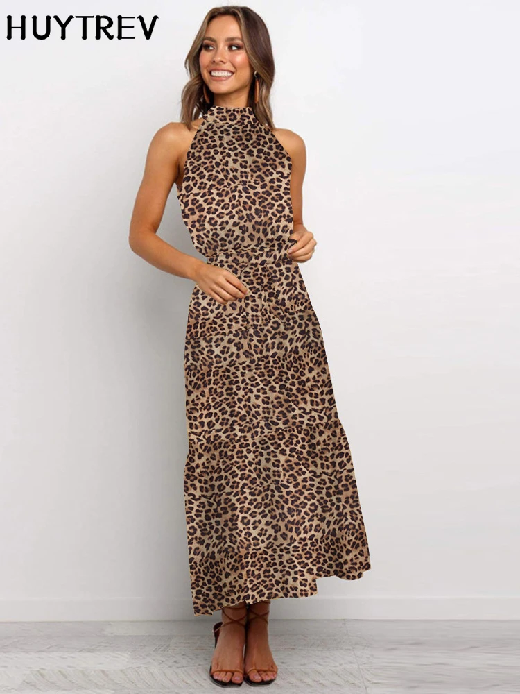 

Fashion Leopard Print Maxi Dress Women Summer Halter Casual belt Floral Bohemia Beach Sundress Loose Long Dresses For Women's