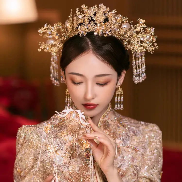 

Головной убор невесты золотой роскошный китайский старинный костюм феникс корона кисточка в древнем стиле Hanfu ювелирное изделие в виде заколки Корона и Тиара