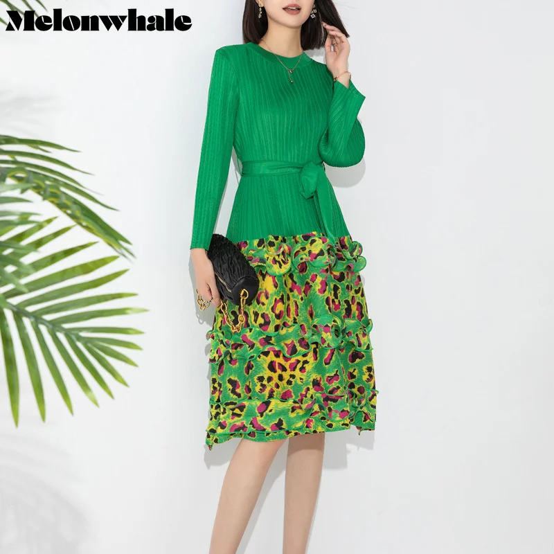 

MelonWhale Miyake Pleated O-neck Belted Dress Patchwork Women 2023 Summer New Korean Style Large Size Drop Long A-line Dress
