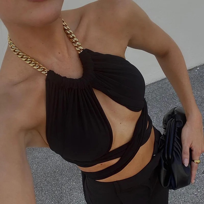 

Fashion Bandage Sexy Chain Halter Crop Tops for Women Hollow Sleeveless Top Cropped Club Party Outfits Summer 2022