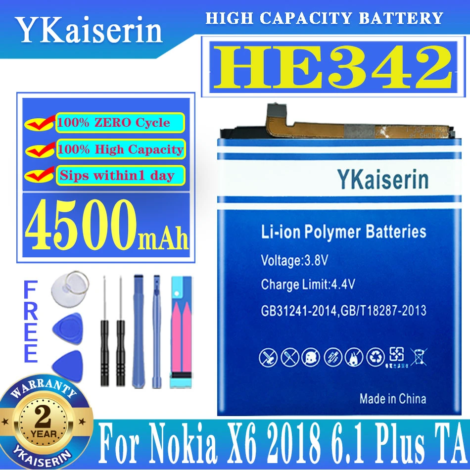 

Аккумулятор ykaisin HE342 на 4500 мА · ч для Nokia X6 2018 6,1 Plus TA-1099 HE 342, аккумулятор + Бесплатные инструменты