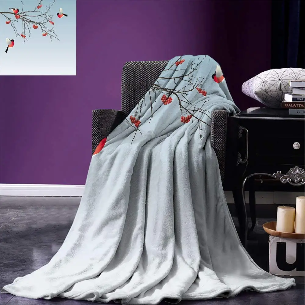 

Rowan Throw Blanket Bullfinch Birds Flying and on Branches Winter Themed Graphic Design Flannel Blankets Sofa Bed Bedspread