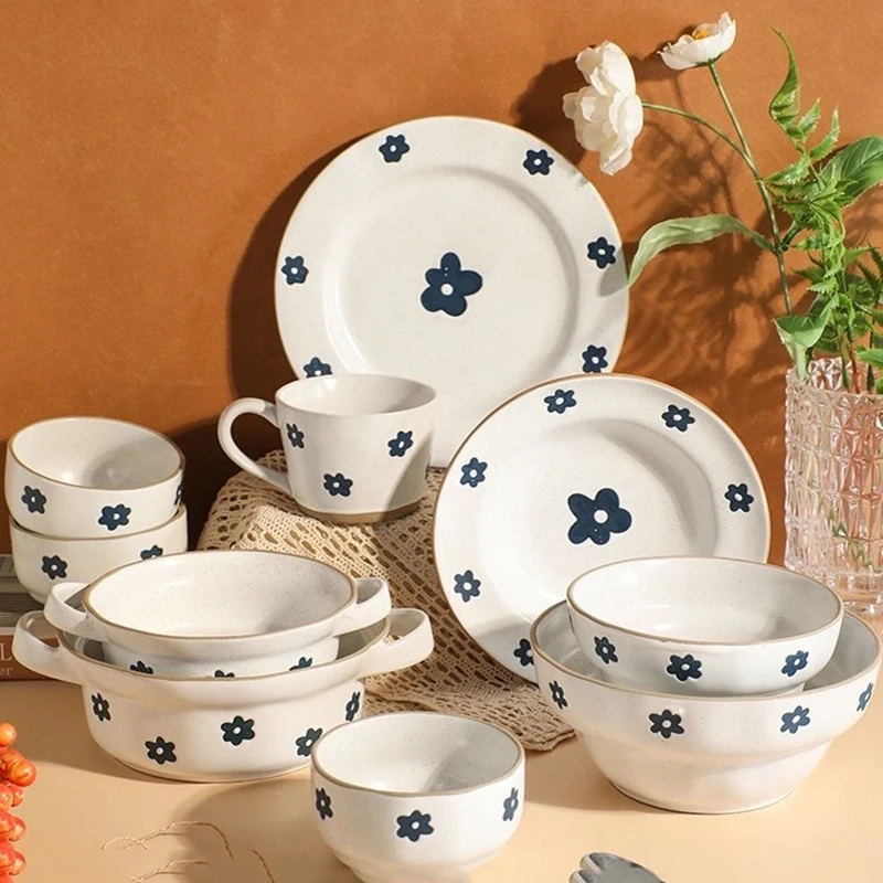 

Underglaze Japanese Vintage Cutlery Set Household Ceramic Rice Bowl Soup Bowl Vegetable Plate Creative Minimalist Tableware