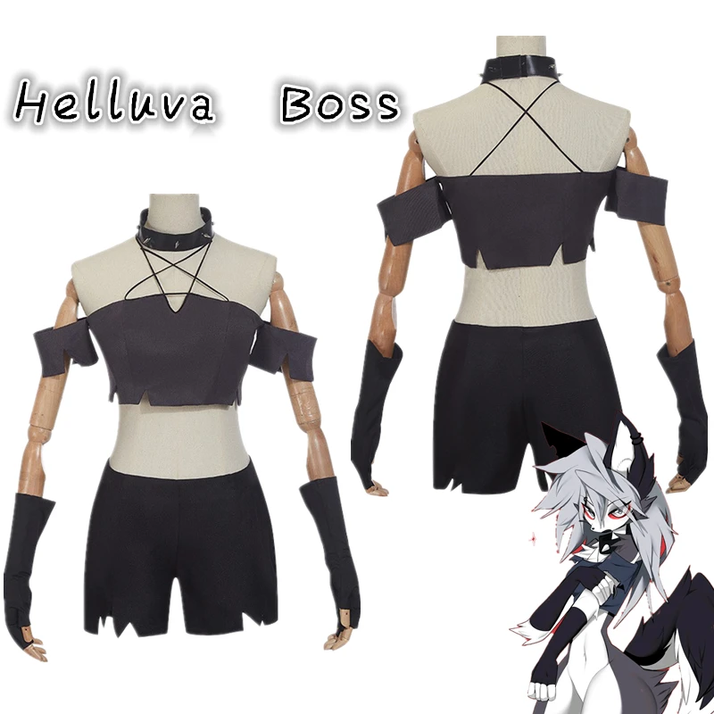 

Anime Helluva Boss Loona Cosplay Costume Women Adult Sexy Black Halter Uniform Halloween Party Vest Shorts Necklace Gloves Suit