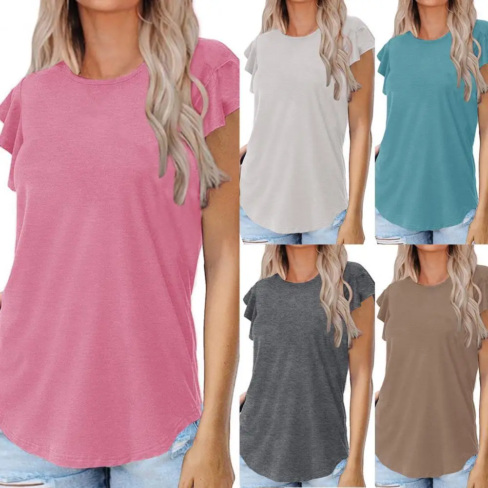 

Женская рубашка с круглым вырезом и закругленным подолом, женская футболка, устойчивый к острым оборкам, повседневный топ с коротким рукаво...