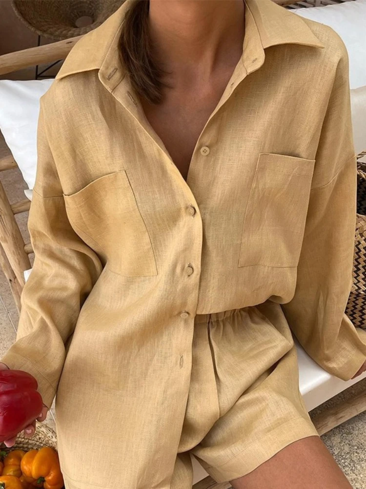 

2023 New French Fashion Casual Women's Cotton Imitation Linen Loose Shirt Coat Elastic Shorts Two Piece Equipment Costume Femme