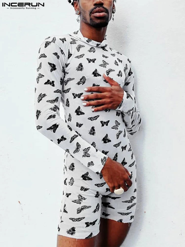 Fashion Comfortable Homewear INCERUN 2022 New Men's Butterfly Printing Rompers Casual Male Hot Sale Long Sleeve Bodysuits S-5XL
