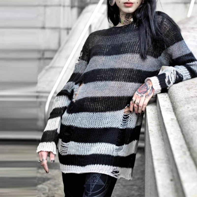 

Gothic Hollow Hole Sweater Y2K Women Striped Long-sleeved Casual Knitwear Pullover Ripped Mid-length Men's Knit Sweater Autumn