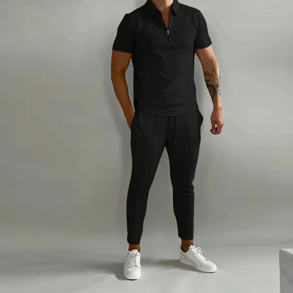Men Fashion Polo Suit Men Casual Set Summer Solid Color V-neck Zipper Short Sleeved POLO Shirt+Pockets Pants Two Pieces Set Men