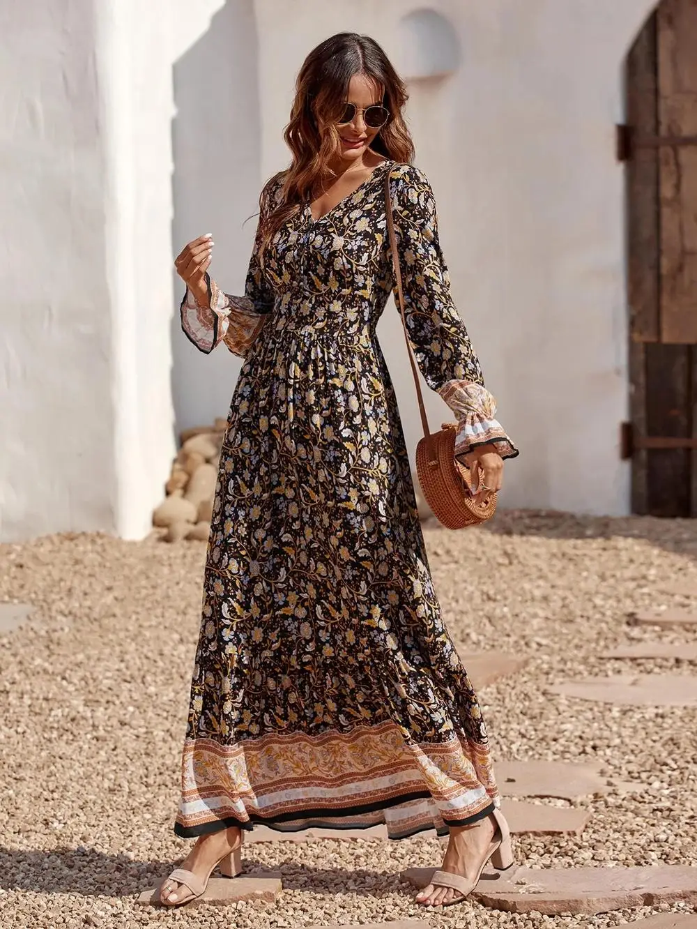 

Trendeez Casual Tribal V-neck Puff Sleeve Ruffles A-line Midi Dress