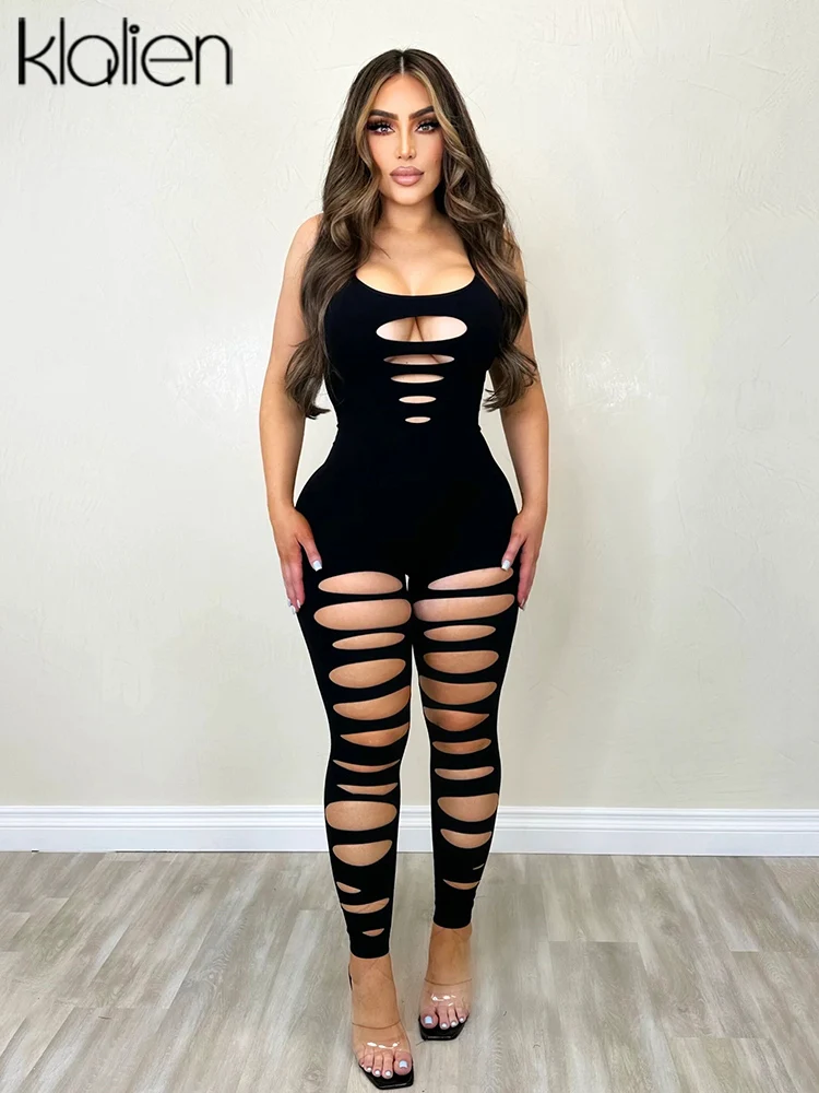 

KLALIEN Sexy Hollow Out Sleeveless Party Night Club Jumpsuit Women Solid Skinny One Piece Overalls Streetwear Fitness Jumpsuits