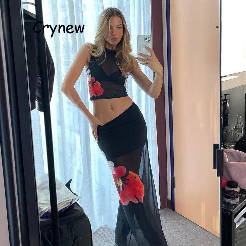 

Crynew Floral Print Mesh See Through Dress 2 Piece Sets Women 2023 Summer Crop Top Long Skirts Matching Set Vacation Outfits