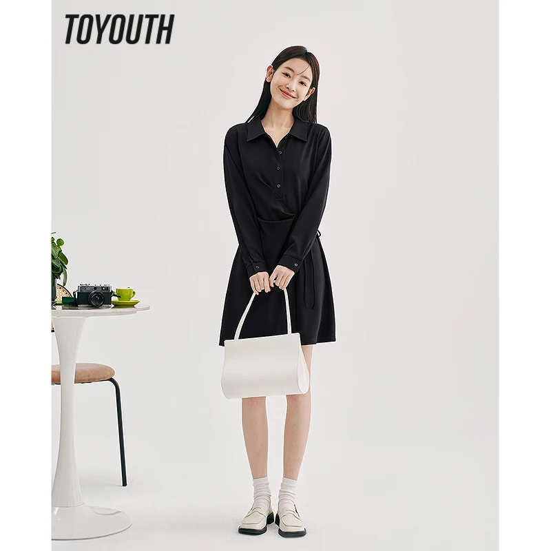 Toyouth Women Dress 2023 Spring Long Sleeves Polo Neck A-line Strap Waist Irregular Pleat Design Casual Chic Mid-length Skirt