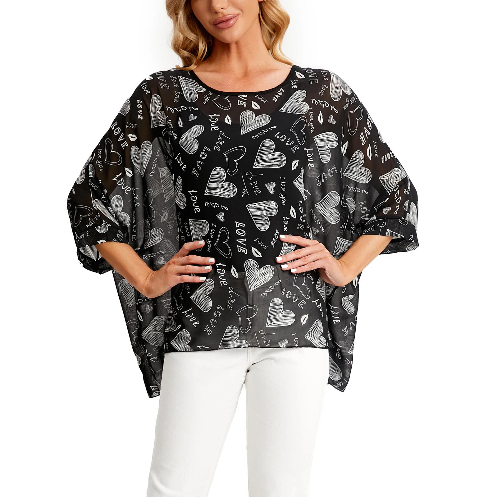 Женская шифоновая блузка с рукавами летучая мышь и принтом | Блузки