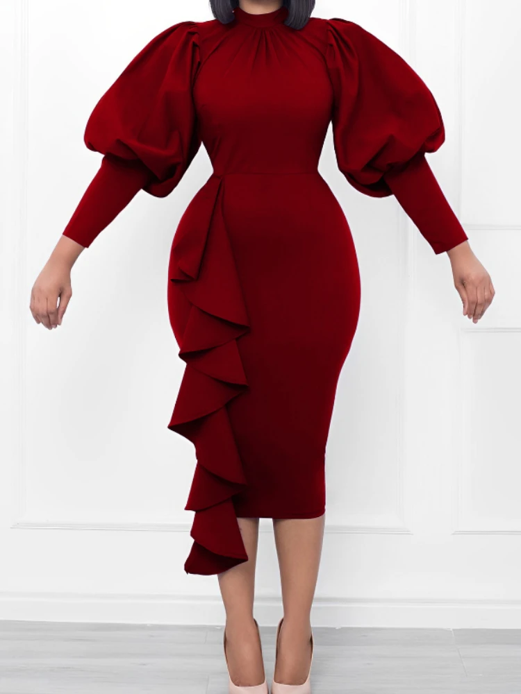 

Женское платье с воланом, длинным рукавом-фонариком и высоким воротником