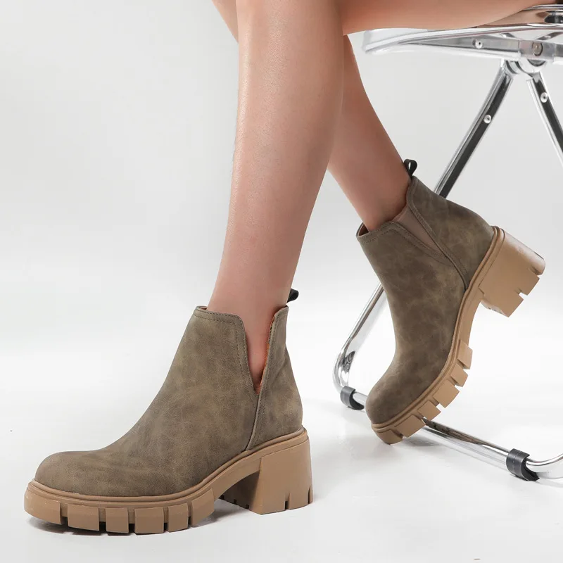 

2022 New Thick Heel High Heel Round Toe Chelsea Short Boots Women's Autumn and Winter Martin Boots Large Size Zapatos De Mujer