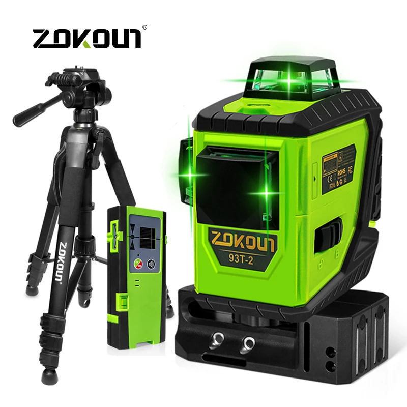 

ZOKOUN 93T-2 Upgrade 3D 12 Lines Green Beam Laser Level 360° Self-Leveling and Manual Mode Horizontal & Vertical Cross Line Kit