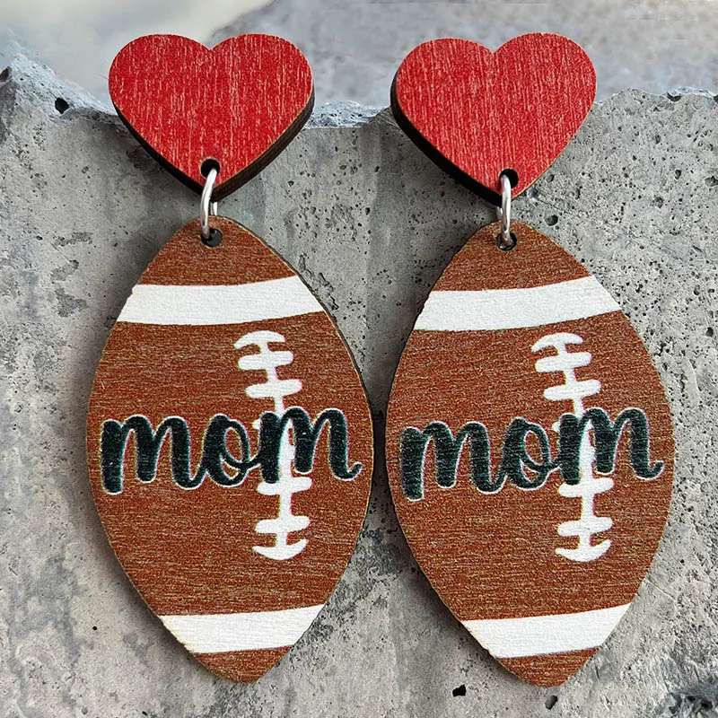

MOTHERS DAY EARRINGS for Women Sports Artwork Football & Volleyball Baseball & Softball & Basketball Mama Wooden Earrings with H