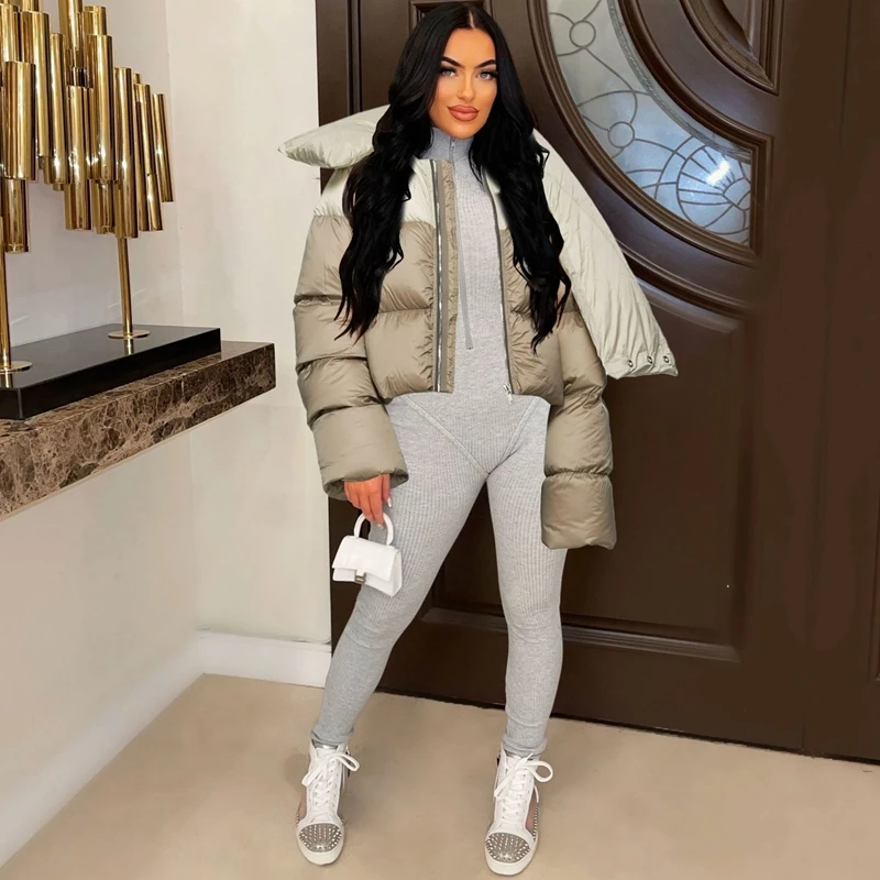 Cotton Padded Coat Women Patchwork Turtleneck Puffer Parka Outwear Solid 2022 Winter Warm Zipper Crop Top Jacket Chaqueta Mujer