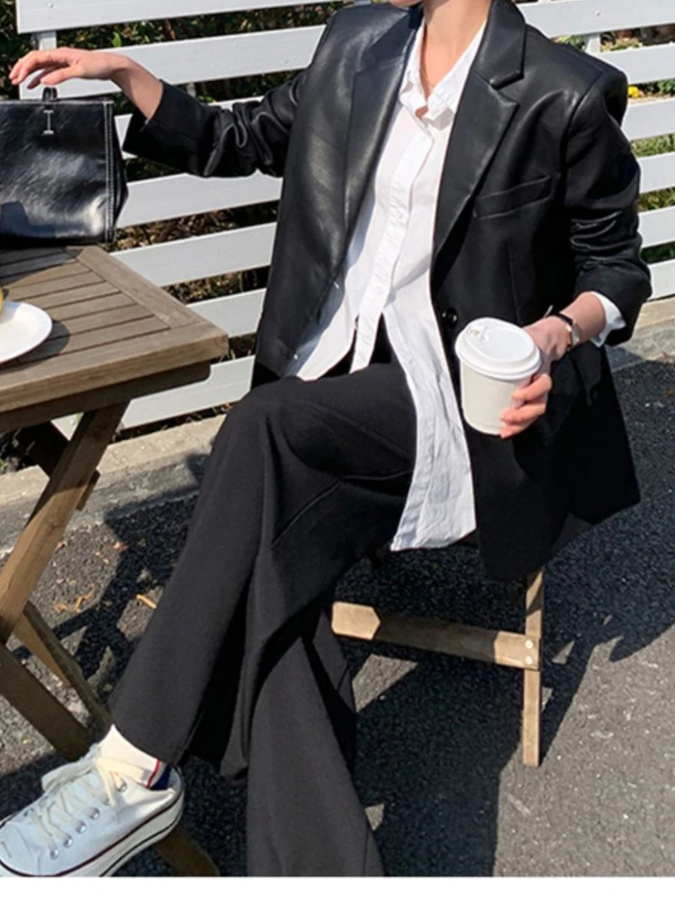 Black Leather Suit Jacket Womens 2023 Spring and Autumn New PU Leather High-end Sense Fried Street Loose Temperament Casual Suit