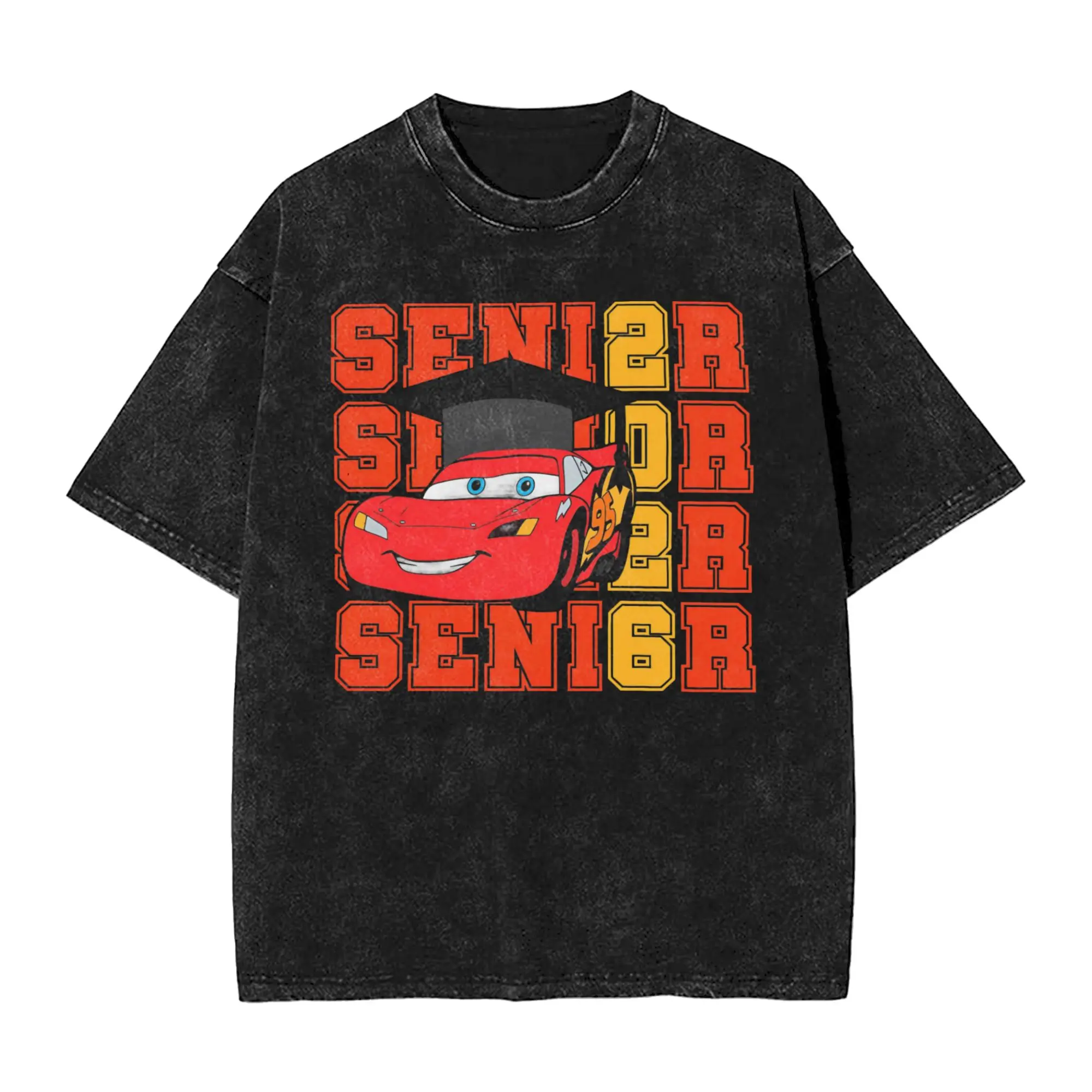 Фото Футболка Cars Lightning McQueen Senior 2026 с эффектом потертости, мужская, в уличном стиле, хлопковая, летняя, с круглым вырезом, оверсайз №1