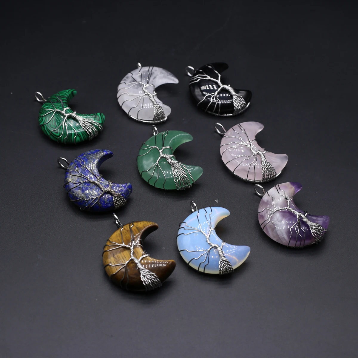 

5PCS Moon Shaped Natural Stone Amethyst Agate Silver Metal Wire Pendant Reiki Jewelry DIY Necklace Earring Accessories