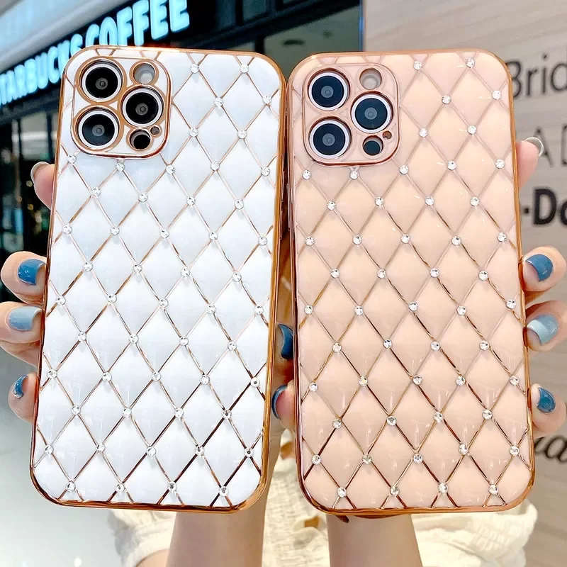 

Free Shipping For iPhone 13 12 11 Pro Max X XR XS Max 7 8 Plus SE 2020 Mini Bumper Back Cover Electroplated Bling Rhinestone Ph