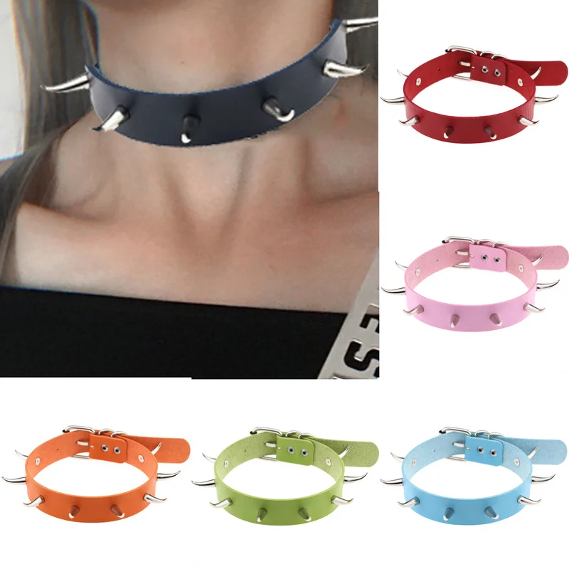 

Kpop Egirl Necklace Sexy Collar Choker White PU Leather Bent Rivets Spike Collar Necklaces for Women Body Goth male Accessories