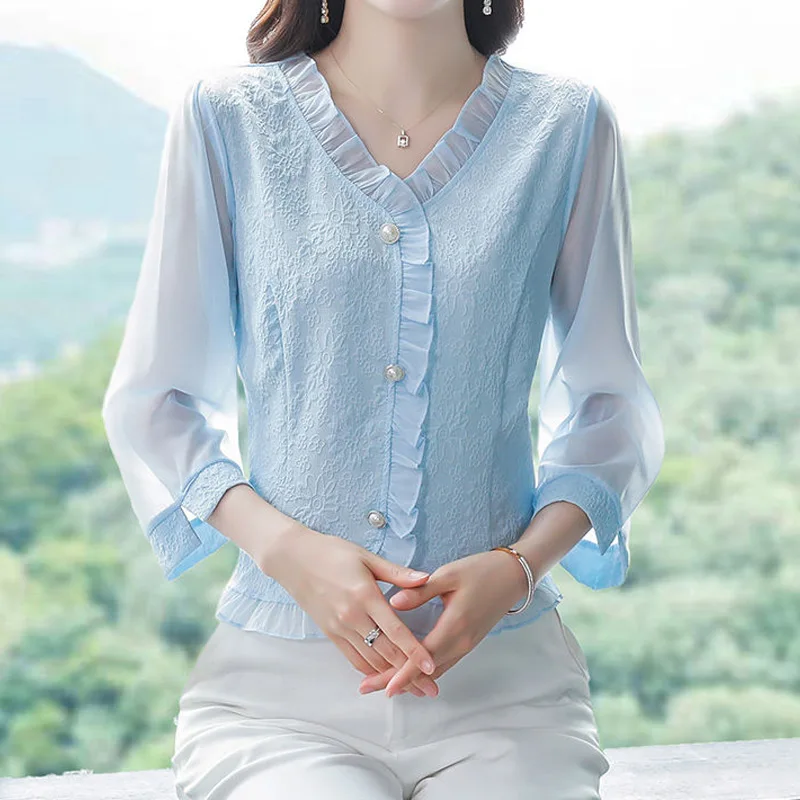 Шифоновая однотонная блузка с рукавом 3/4 летняя новая кружевная свободная