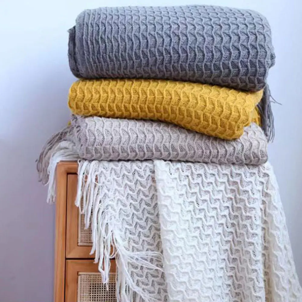 

Solid Color Sofa Blanket Nap Blanket With Tassels Knitted Blankets Shawls,Summer Bedside Blanket