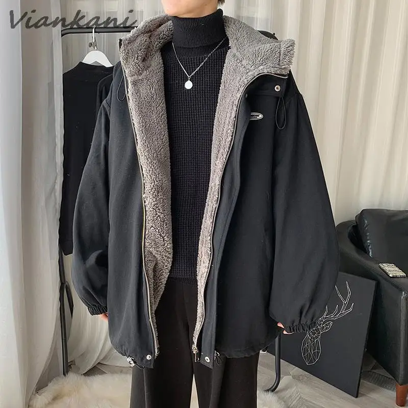 Winter Thick Lamb Fur Jacket Mens Warm Hooded Coat Korean Loose Oversized Coat Male Fashion Cotton Outwear Streetwear Jackets