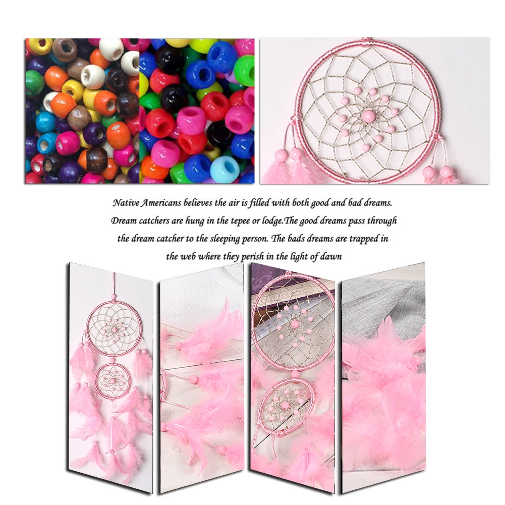 Розовый Ловец Снов Круглые Подвесные Украшения Перья Бусины Подвеска Для Салона