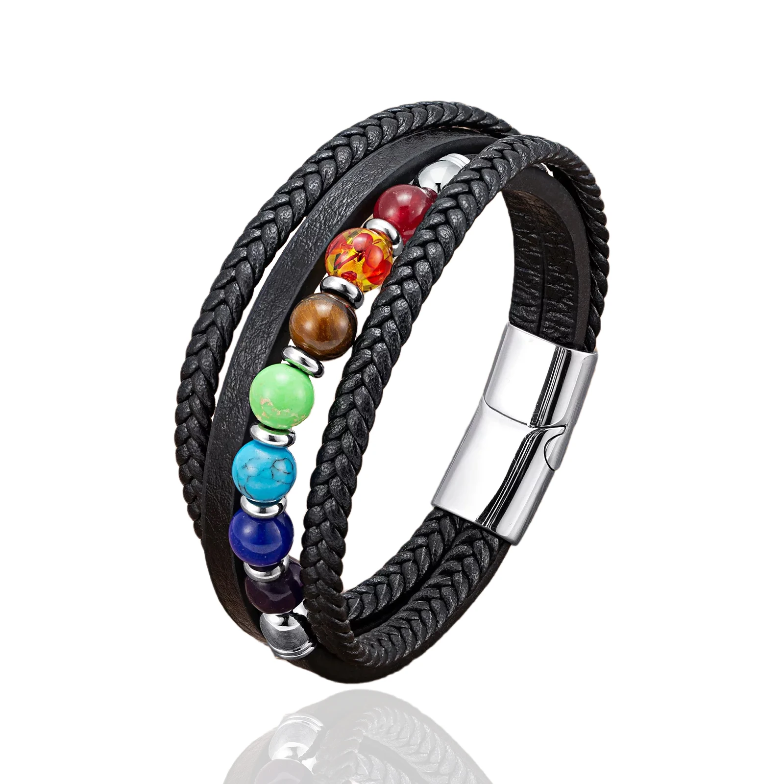 

Браслет мужской многослойный с магнитной застежкой, Ювелирное Украшение с бусинами в форме чакр, из нержавеющей стали, веревочное украшени...