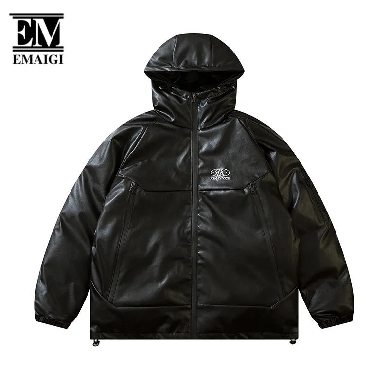 

Men Winter Padded Cotton Leather Hooded Parkas Jacket Women Oversize Streetwear Hip Hop Loose Warm Thicken Coat Outerwear