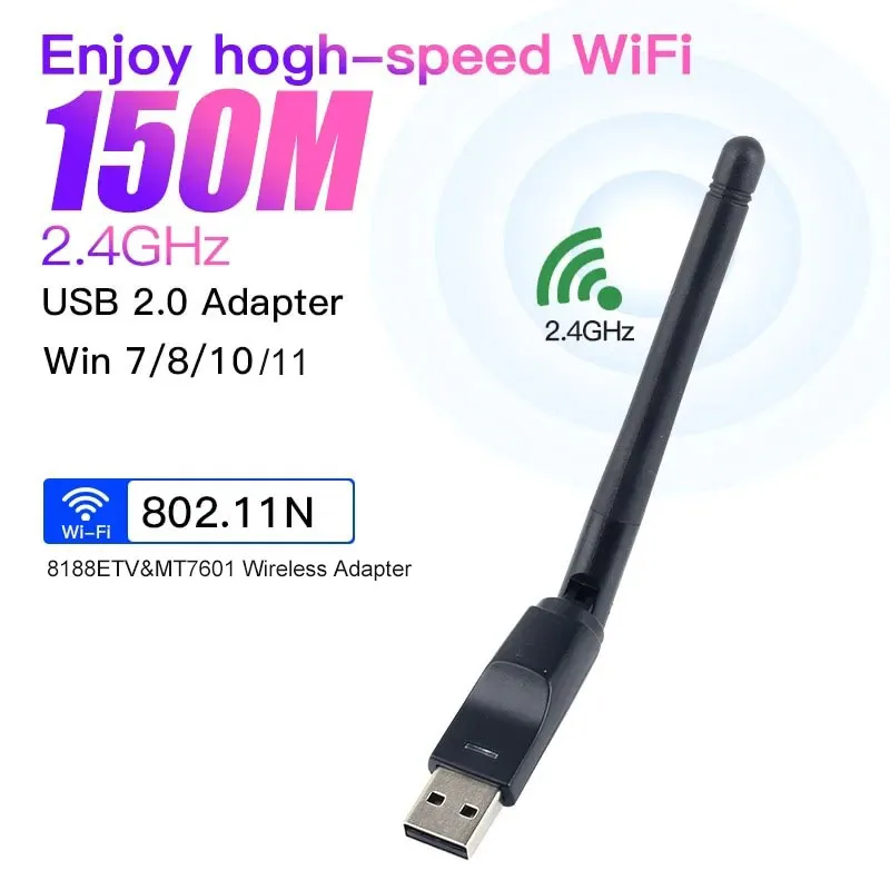 150 Мбит/с мини USB WiFi адаптер, 8188ETV  MT7601беспроводная сетевая карта, антенный сигнальный приемник, ключ для ПК ноутбука, Windows 7, 10, 11