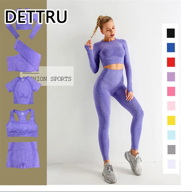 

5 шт. женский бесшовный комплект для фитнеса и йоги, одежда для тренировок, тренажерного зала, короткий топ с длинным рукавом, леггинсы с высо...