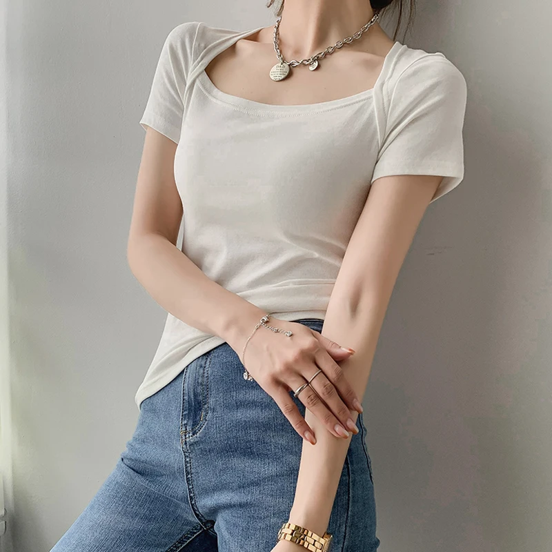 

Summer Solid Color Cotton Elastic Slim T-shirts Women Retro Big Square Collar Short Sleeve Tee Shirt Female Elegant Tops Popular